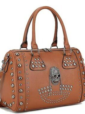 NEW Skull Handbag Large Capacity Gothic Shoulder Bag Studded Goth Handbag Brown
